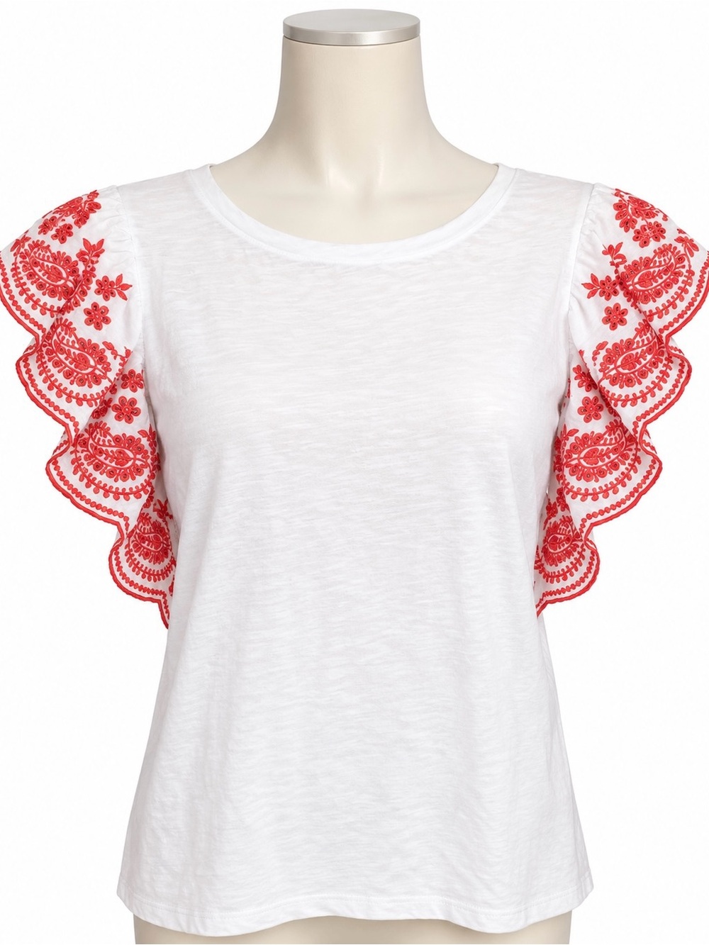 Tommy Hilfiger Women’s Large White & Red Embroidered Flutter Sleeve Blouse